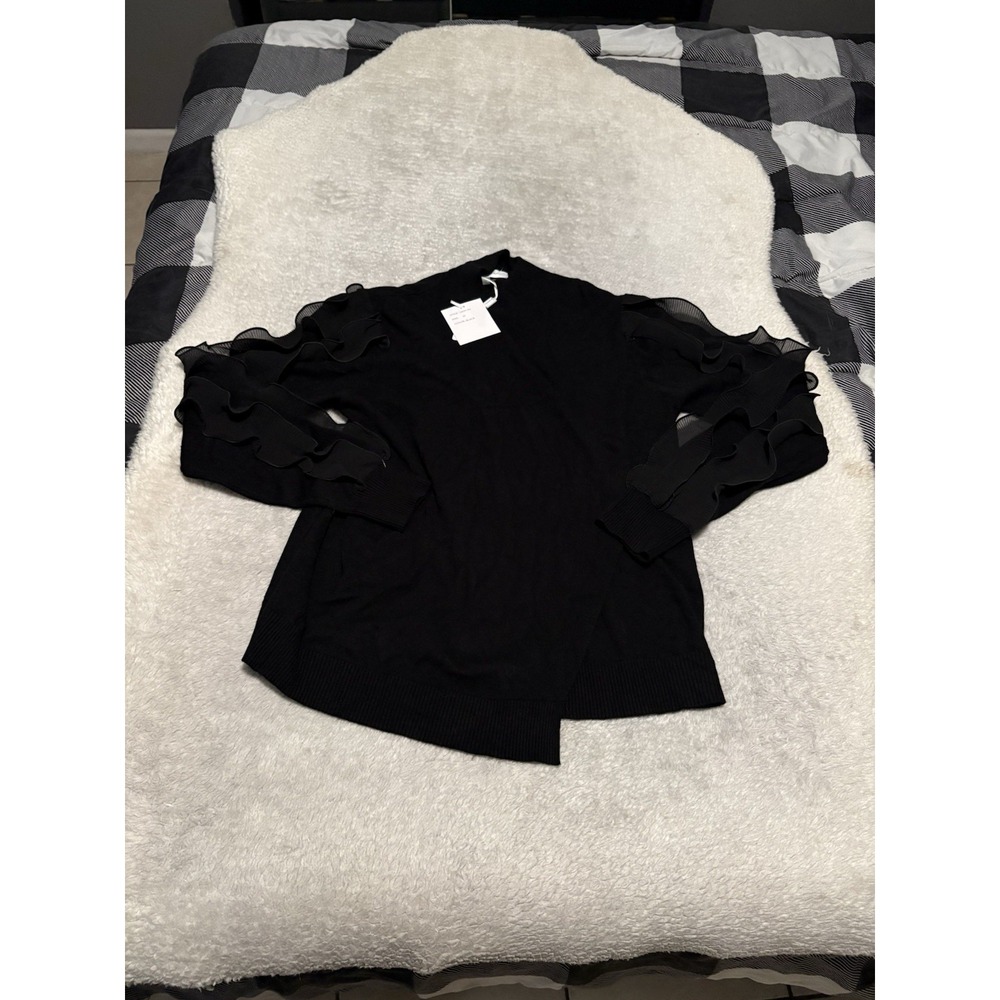 Sioni Black Open Front Cardigan Sweater Sheer Tiered Ruffle Sleeve Womens M